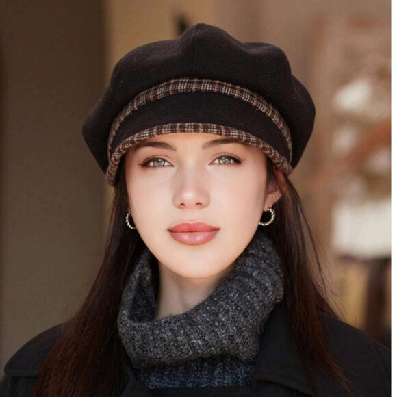 Black Newsboy Plaid Trim Cap - Picture 2 of 2